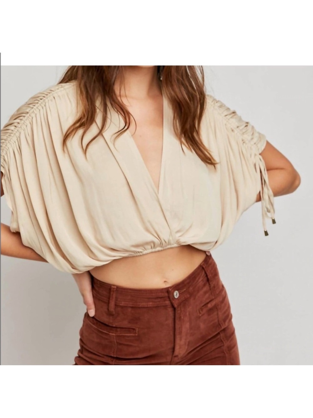 Free People Rachel Silky Top XS NWT Ivory Cropped Wrap Blouse V-Neck
